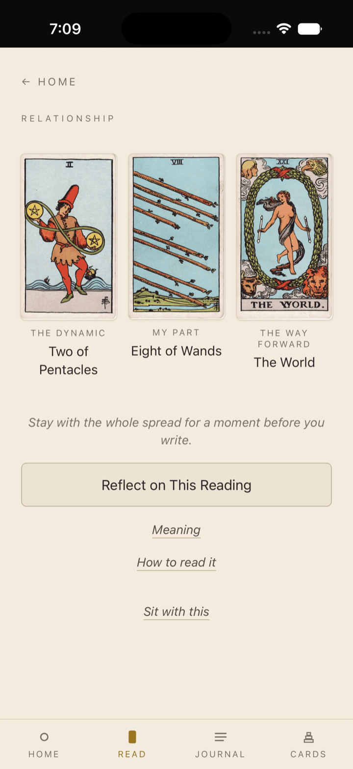 A reading in Hermit's Way: three tarot cards above buttons to reflect on the reading, view its Meaning or How to read it, and sit with it.